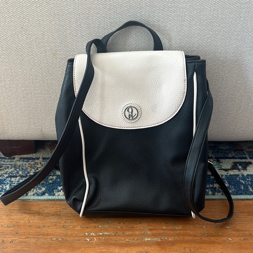 9West Vegan leather black and cream backpack purse.